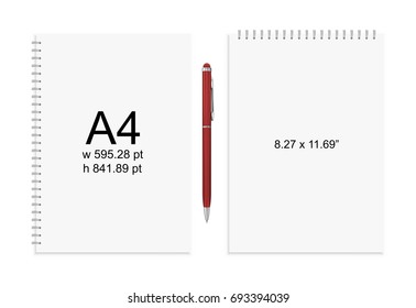 Spiral Binding Notebook Or Notepad And Pen Isolated. Sketchbook Or Diary ISO 216 A4 Standart. Realistic Vector Illustration