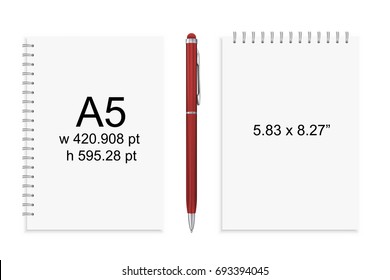 Spiral binding notebook or notepad and pen isolated. Sketchbook or diary ISO 216 A5 standart. Realistic vector illustration