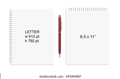 Spiral binding notebook or notepad and pen isolated. Sketchbook or diary ISO 216 Letter standart. Realistic vector illustration