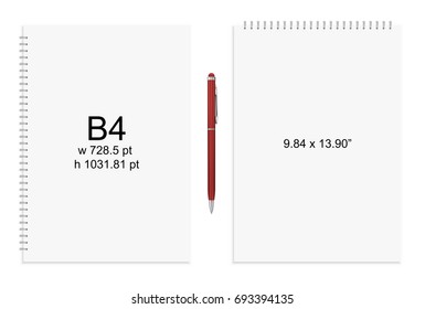 Spiral binding notebook or notepad and pen isolated. Sketchbook or diary ISO 216 B4 standart. Realistic vector illustration