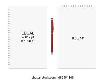 Spiral binding notebook or notepad and pen isolated. Sketchbook or diary ISO 216 Legal standart. Realistic vector illustration