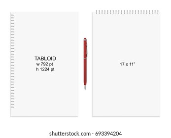 Spiral binding notebook or notepad and pen isolated. Sketchbook or diary ISO 216 Tabloid standart. Realistic vector illustration