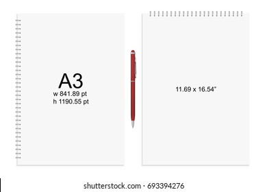 Spiral Binding Notebook Or Notepad And Pen Isolated. Sketchbook Or Diary ISO 216 A3 Standart. Realistic Vector Illustration