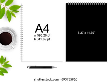 Spiral binding notebook or notepad and pen isolated. Sketchbook or diary ISO 216 A4 standart. Realistic vector illustration