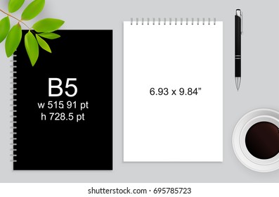 Spiral binding notebook or notepad and pen isolated. Sketchbook or diary ISO 216 B5 standart. Realistic vector illustration
