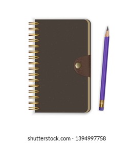 Spiral binding notebook or notepad and pencil isolated on white background, Realistic closed Sketchbook or diary. Vector EPS 10 illustration