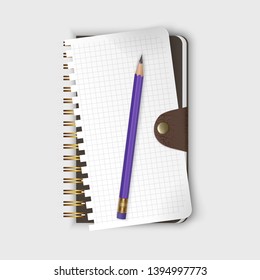 Spiral binding notebook or notepad and pencil isolated on white background, Realistic closed Sketchbook and sheet of paper. Vector EPS 10 illustration