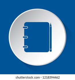 spiral binding notepad with pencil - simple blue icon on white button with shadow in front of blue square background