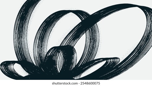 Pincelada en espiral negra seca con textura en spray. Dibujado a mano de Vector de socorro dañado borde de Anuncio vintage con espiral audaz línea. Textura de trazos de pincel audaz granulado con pequeños puntos dispersos sobre el fondo