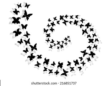 Spiral of black and gray flying butterflies, hand drawing vector work