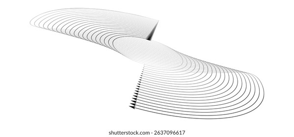 Spiral with black lines and arrows as dynamic abstract vector background or logo or icon. Artistic illustration with distortion and perspective on white background.