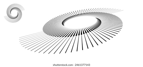 Spirale mit schwarzen Linien als dynamischer abstrakter Vektorgrafik-Hintergrund oder Logo oder Symbol. Abstrakter Hintergrund mit kreisförmigen Linien. Künstlerische Illustration mit Perspektive auf weißem Hintergrund.