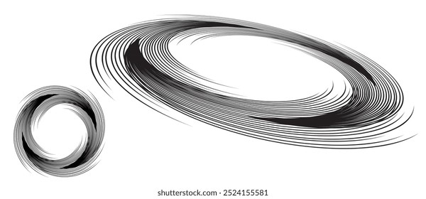 Spirale mit schwarzen Linien als dynamischer abstrakter Vektorhintergrund oder Logo oder Symbol. Abstrakter Hintergrund mit Linien im Kreis. Künstlerische Illustration mit Perspektive auf weißem Hintergrund.