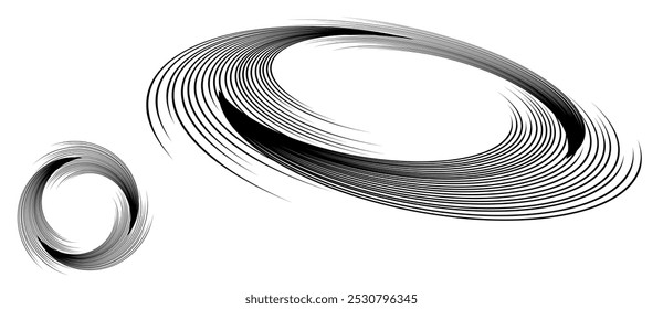 Spiral with black lines as dynamic abstract vector background or logo or icon. Artistic illustration with normal view and perspective on white background.