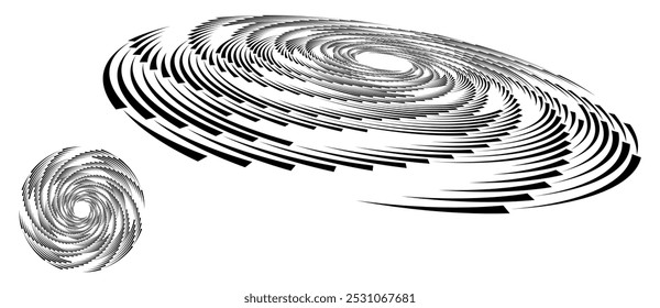 Espiral con líneas negras como fondo de Vector abstracto dinámico o logotipo o icono. Ilustración artística con vista normal y perspectiva sobre fondo blanco.