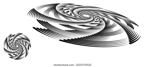 Spiral with black lines as dynamic abstract vector background or logo or icon. Artistic illustration with normal view and perspective on white background.