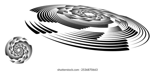 Spiral with black lines as dynamic abstract vector background or logo or icon. Artistic illustration with normal view and perspective on white background.