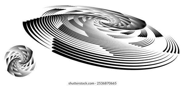 Spiral with black lines as dynamic abstract vector background or logo or icon. Artistic illustration with normal view and perspective on white background.