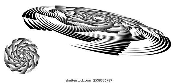 Espiral con líneas negras como fondo de Vector abstracto dinámico o logotipo o icono. Ilustración artística con vista normal y perspectiva sobre fondo blanco.
