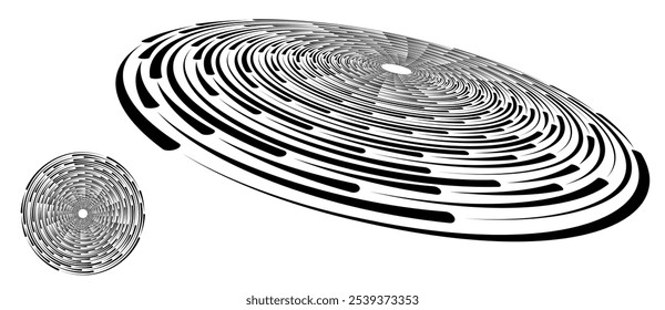 Spiral with black lines as dynamic abstract vector background or logo or icon. Artistic illustration with normal view and perspective on white background.