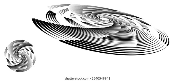 Spiral with black lines as dynamic abstract vector background or logo or icon. Artistic illustration with normal view and perspective on white background.