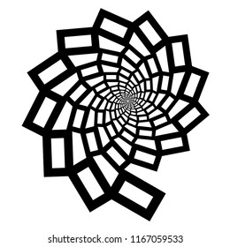 A spiral of black lines in the form of a spider web and a flower on a white background. Design element.