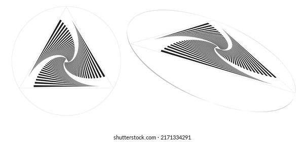 Spiral mit schwarzen Linien im Dreieck als dynamischer abstrakter Vektorhintergrund oder Logo oder Symbol. Künstlerische Illustration mit Perspektive auf weißem Hintergrund.