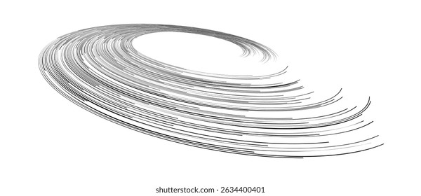 Spiral with black speed lines as dynamic abstract vector background or logo or icon. Artistic illustration with perspective on white background.