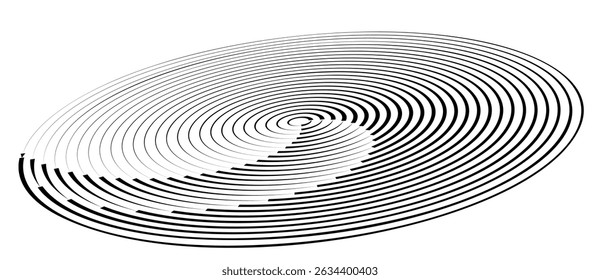 Spiral with black speed lines as dynamic abstract vector background or logo or icon. Artistic illustration with perspective on white background.