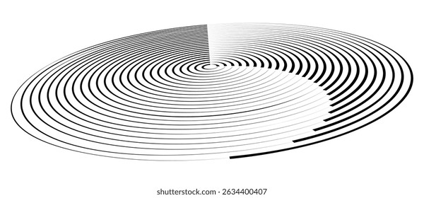 Spiral with black speed lines as dynamic abstract vector background or logo or icon. Artistic illustration with perspective on white background.