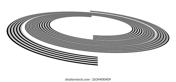 Spiral with black speed lines as dynamic abstract vector background or logo or icon. Artistic illustration with perspective on white background.