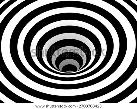Spiral black and white optical background. Tunnel pattern with strong vortex effect. Concentric curved lines form dynamic hypnotic motion. Abstract vector illustration.