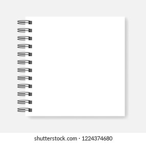 Spiral blank notebook, realistic vector mock-up. Wire bound empty notepad template. White square diary mockup.