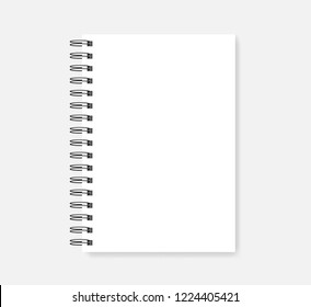 Spiral blank notebook, realistic vector mock-up. Wire bound empty notepad template. White A5 diary mockup.