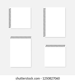 Spiral blank notebook, realistic vector mock-up set. Wire bound empty notepad template. A4 and square white diary, mockup.