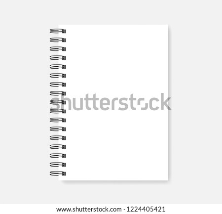 Spiral blank notebook, realistic vector mock-up. Wire bound empty notepad template. White A5 diary mockup.