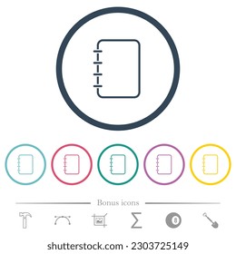 Spiral blank notes outline flat color icons in round outlines. 6 bonus icons included.