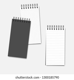 Spiral blank pocket notebook, realistic vector mockup. Open and closed wire bound squared and lined paper notepads, template.