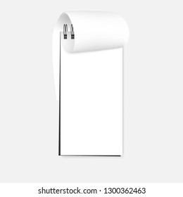 Spiral blank reporter notebook with bent page, realistic vector mockup. Open wire bound notepad - white clear paper sheet, template.