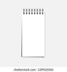 Spiral blank reporter notebook, realistic vector mockup. Open wire bound notepad - white clear page, template.
