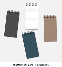 Spiral blank reporter notebook, realistic vector mockup. Wire bound pocket notepad - white lined page and multicolored covers, mock-up.