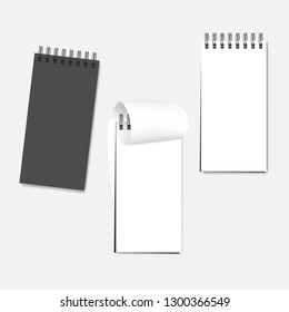 Spiral blank reporter notebook, realistic vector mockup. Wire bound notepad - white clear page and gray cover, template.