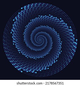Spiral blue lines with dots as dynamic abstract vector background or logo or icon. Yin and Yang symbol. Hypnotic illustration on dark background.