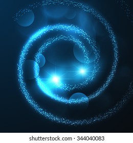 Spiral blue star trail with particles. Magic christmas vector background. Eps10.
