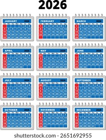 Spiral bound 2026 calendar template in blue theme, clean monthly layout design for wall or desk planner