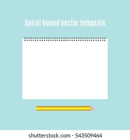Spiral bound horizontal notepad and pencil. Childish album for artwork, education and drawing. Template or mock up. Easy to place your image on the cover.Top view.