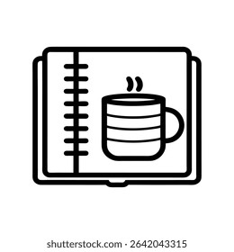 Spiral Bound Notebook Open Displaying a Hot Mug of Coffee or Tea Simple Line Art Illustration