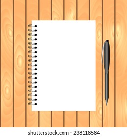 Spiral Bound Notebook With Pen On The Light Wooden Background. Template For Your Business Design. Easy To Change The Cover.