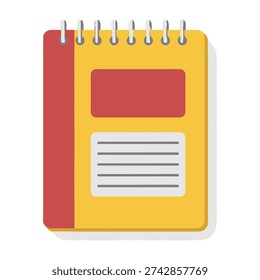 Spiral bound notebook with red and yellow cover and blank white and red labels on white background