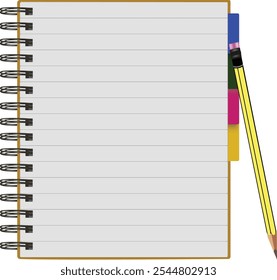 Spiral bound notepad with blank pages, pencil, and colorful bookmarks, representing organization and preparedness for writing